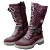 Women Buckle Knitted Mid Calf Boots Winter Warm Lace up Outdoor Casual Cowboy Boots Round Toe Dressy Snow Booties view 1