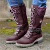 Women Buckle Knitted Mid Calf Boots Winter Warm Lace up Outdoor Casual Cowboy Boots Round Toe Dressy Snow Booties view 2