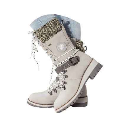 Women Buckle Knitted Mid Calf Boots Winter Warm Lace up Outdoor Casual Cowboy Boots Round Toe Dressy Snow Booties