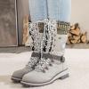Women Buckle Knitted Mid Calf Boots Winter Warm Lace up Outdoor Casual Cowboy Boots Round Toe Dressy Snow Booties view 4