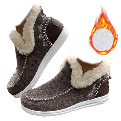 Women's Flat Fluffy Ankle Boots,Mini Boots Ankle,Anti-Slip Warm Snow Booties,Round Toe,Embroidered Patchwork Slip-On (Light Brown,43/10.5)
