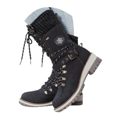 Women Buckle Knitted Mid Calf Boots Winter Warm Lace up Outdoor Casual Cowboy Boots Round Toe Dressy Snow Booties