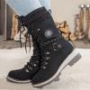 Women Buckle Knitted Mid Calf Boots Winter Warm Lace up Outdoor Casual Cowboy Boots Round Toe Dressy Snow Booties view 3