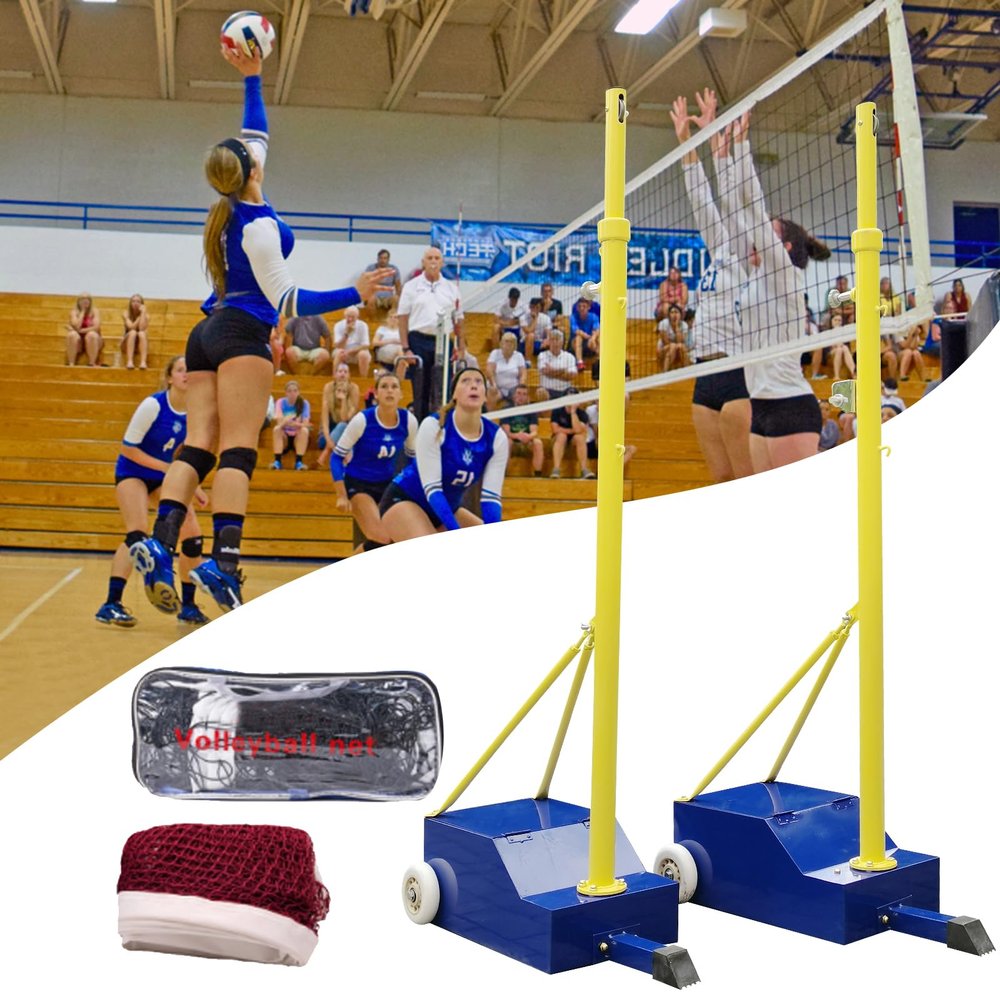 Volleyball Poles for Backyard, with Volleyball Net/Badminton Net, Indoor& Outdoor Heavy Duty Volleyball Poles, Adjustable 4 Heights of 5ft-6.8ft with Wheels and Net, for Adults Kids Stadium.
