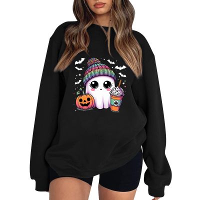 Numaller Oversized Crewneck Sweatshirt Women Halloween Sweatshirts Ghost Printed Drop Shoulder Cute Hoodies Y2K Fall Fleece Pullover Comfy Pumpkin Sweat Shirts Women Long Sleeve 2025, Black, XX-Large