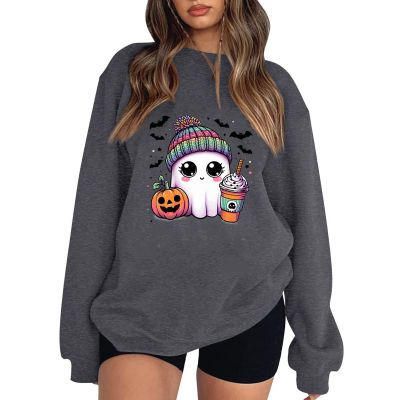 Halloween Sweatshirts for Women Crewneck Oversized Drop Shoulder Ghost Print Preppy Sweatshirt Loose Fit Fall Fleece Pullover Pumpkin Spider Cute Comfort Hoodie Trendy Outfits 2025, Dark Gray, Small