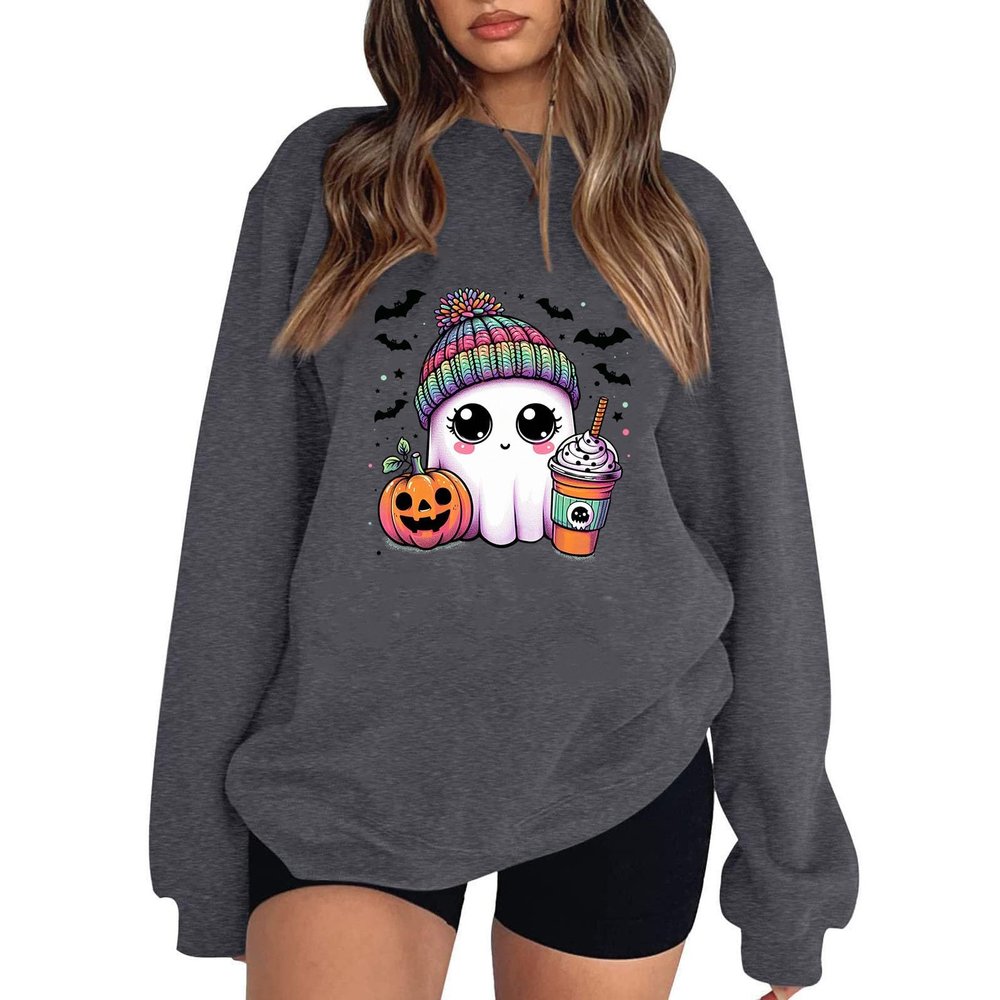 Halloween Sweatshirts for Women Crewneck Oversized Drop Shoulder Ghost Print Preppy Sweatshirt Loose Fit Fall Fleece Pullover Pumpkin Spider Cute Comfort Hoodie Trendy Outfits 2025, Dark Gray, Small