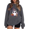 Halloween Sweatshirts for Women Crewneck Oversized Drop Shoulder Ghost Print Preppy Sweatshirt Loose Fit Fall Fleece Pullover Pumpkin Spider Cute Comfort Hoodie Trendy Outfits 2025, Dark Gray, Small view 1