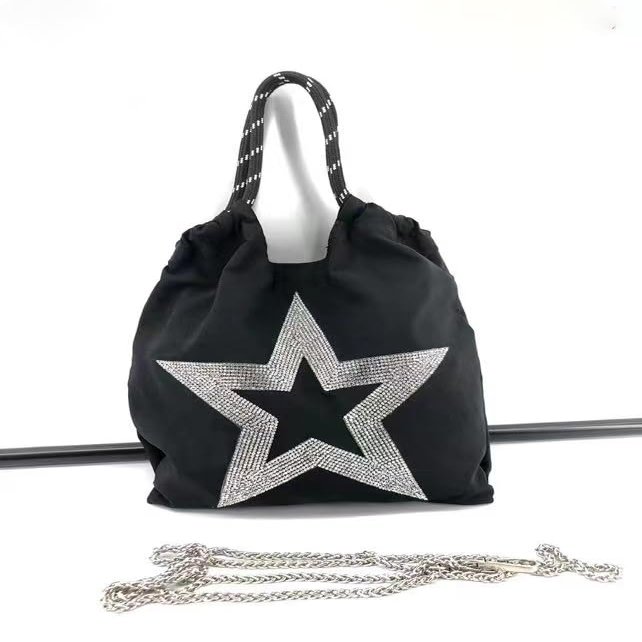 Ladies Black Silver spring summer autumn light weight small nylon shoulder star bijou strap Tote Bag 2WAY glitter lucky star light lac. Kira star bag Black Silver