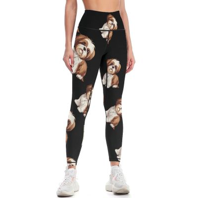 Shih Tzu Dog Workout Leggings for Women High Waisted Tummy Control Yoga Pants Soft Biker Pants M