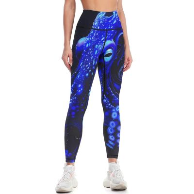 Blue Octopus with Glowing Tentacles Sea Workout Leggings for Women High Waisted Tummy Control Yoga Pants Soft Biker Pants L