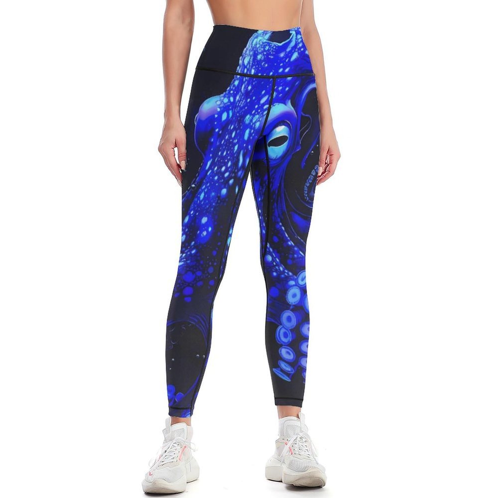 Blue Octopus with Glowing Tentacles Sea Workout Leggings for Women High Waisted Tummy Control Yoga Pants Soft Biker Pants L