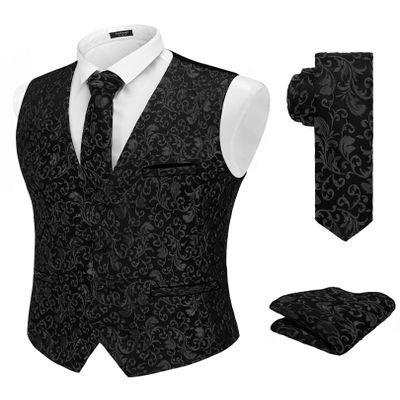 COOFANDY Men's Suit Vests Set Black Floral Formal Vest Single Breasted Business Waistcoat, Black Filigree, M