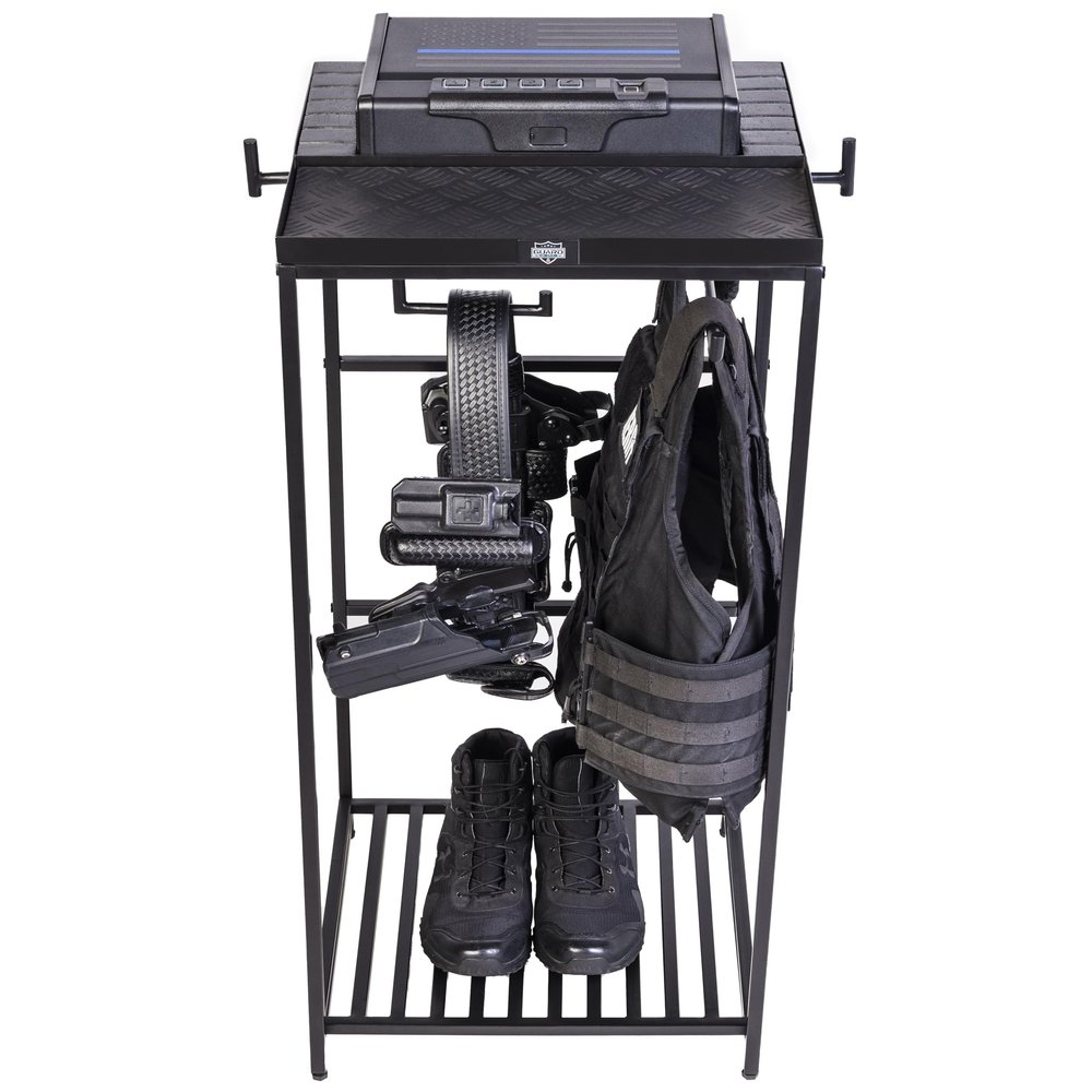 Guard The Line Tac Tower, Police Gear Rack with Biometric Safe, Vest Hanger