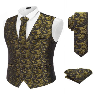 COOFANDY Suit Vest Set Men 3pc Paisley Waistcoat Necktie Pocket Square Set Dress Vest for Wedding Prom, Golden Paisley, XL