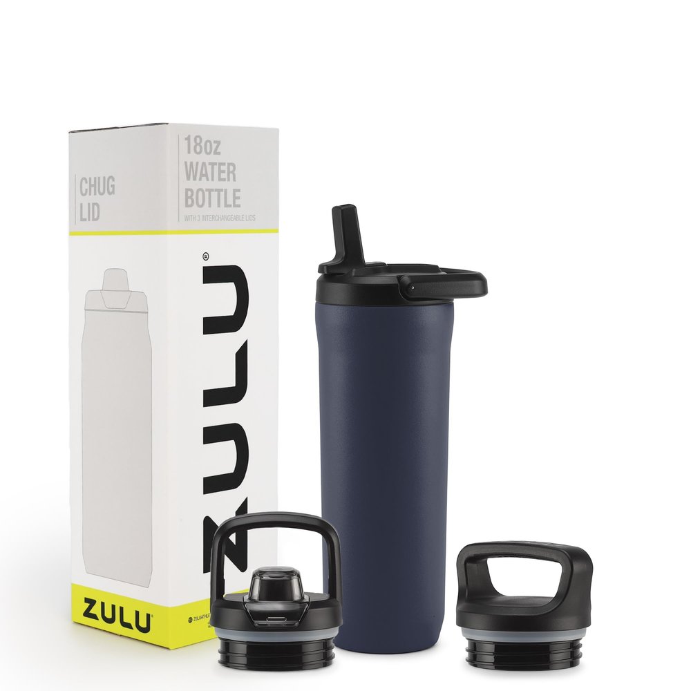 ZULU Base 18oz Kids Stainless Steel Water Bottle with 3 Lids- Straw, Chug, Twist | Double Walled and Vacuum Insulated Metal Thermos | Fits Car Cupholder, Built in Carry Loop, Dishwasher Safe, Navy