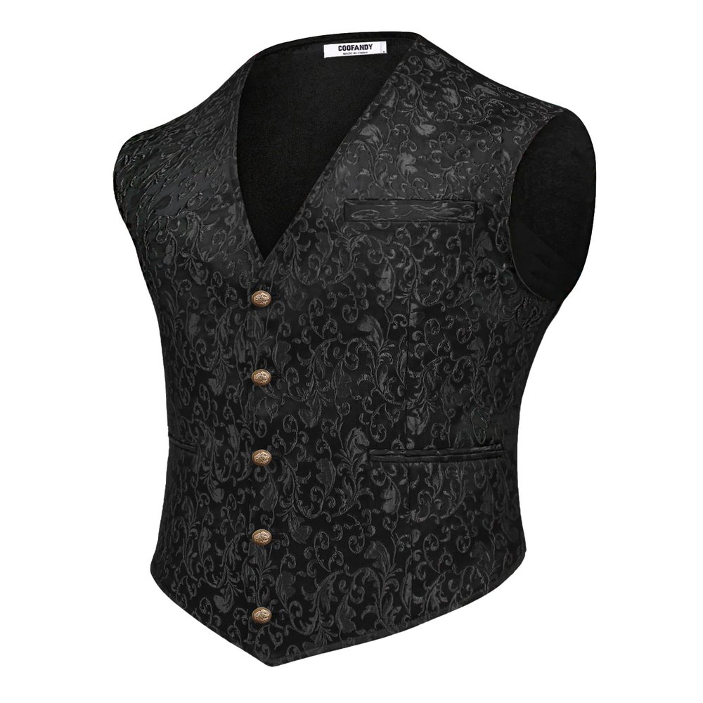 COOFANDY Halloween Suit Vest for Men Black Floral Victorian Vests Gothic Steampunk Waistcoat for Prom Party Tuxedo