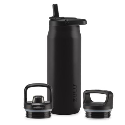 ZULU Base 32oz Insulated Stainless Steel Water Bottle, 3 Lids, Black