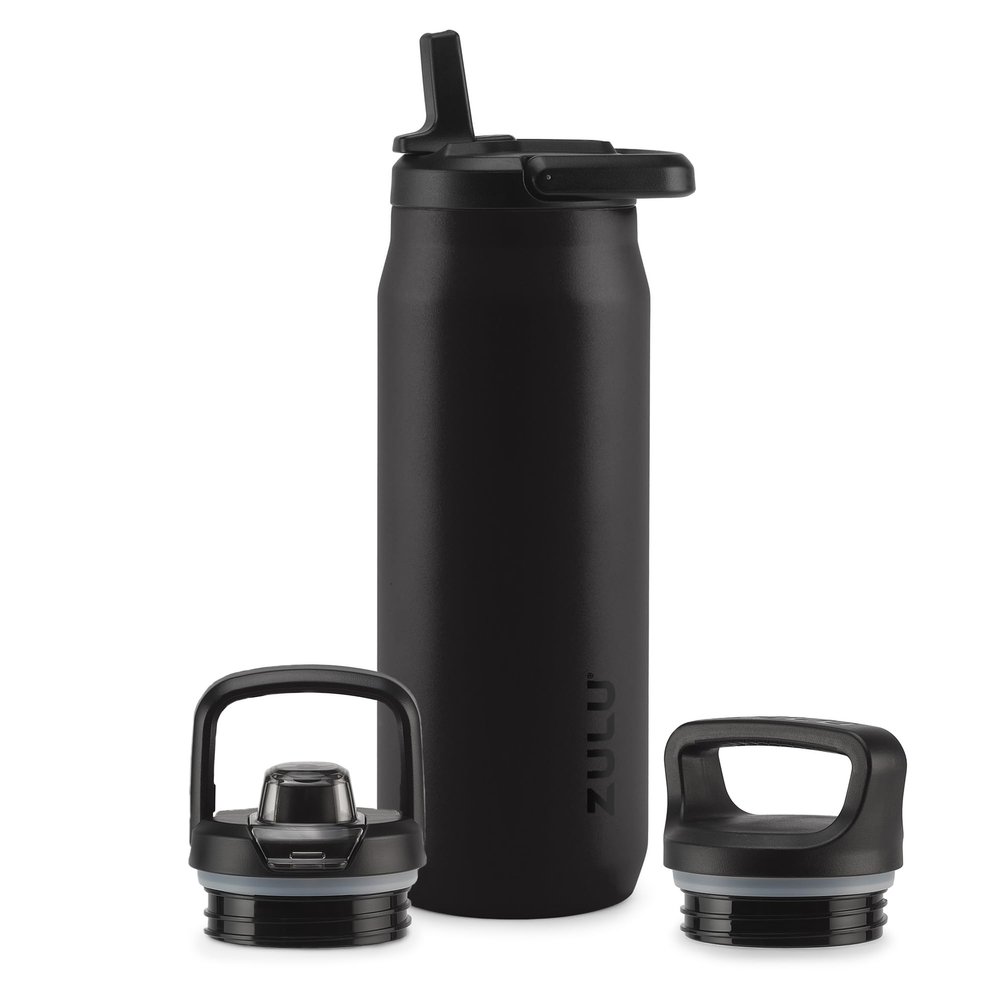 ZULU Base 32oz Insulated Stainless Steel Water Bottle, 3 Lids, Black