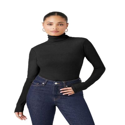 Emmalise Womens Turtleneck Top Long Sleeves Fitted Ribbed Top - Black, Medium