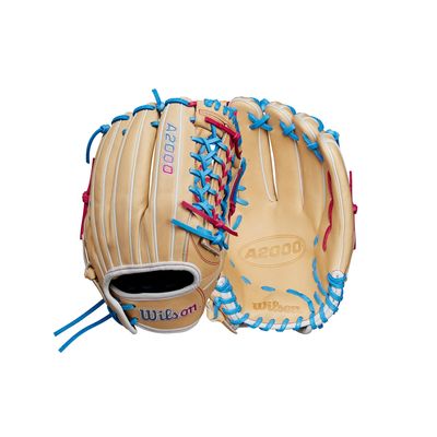 Wilson Winter 2024 A2000 T125 12.5" Outfield Fastpitch Glove - Blonde/Blue/Flamingo, Left Hand Throw