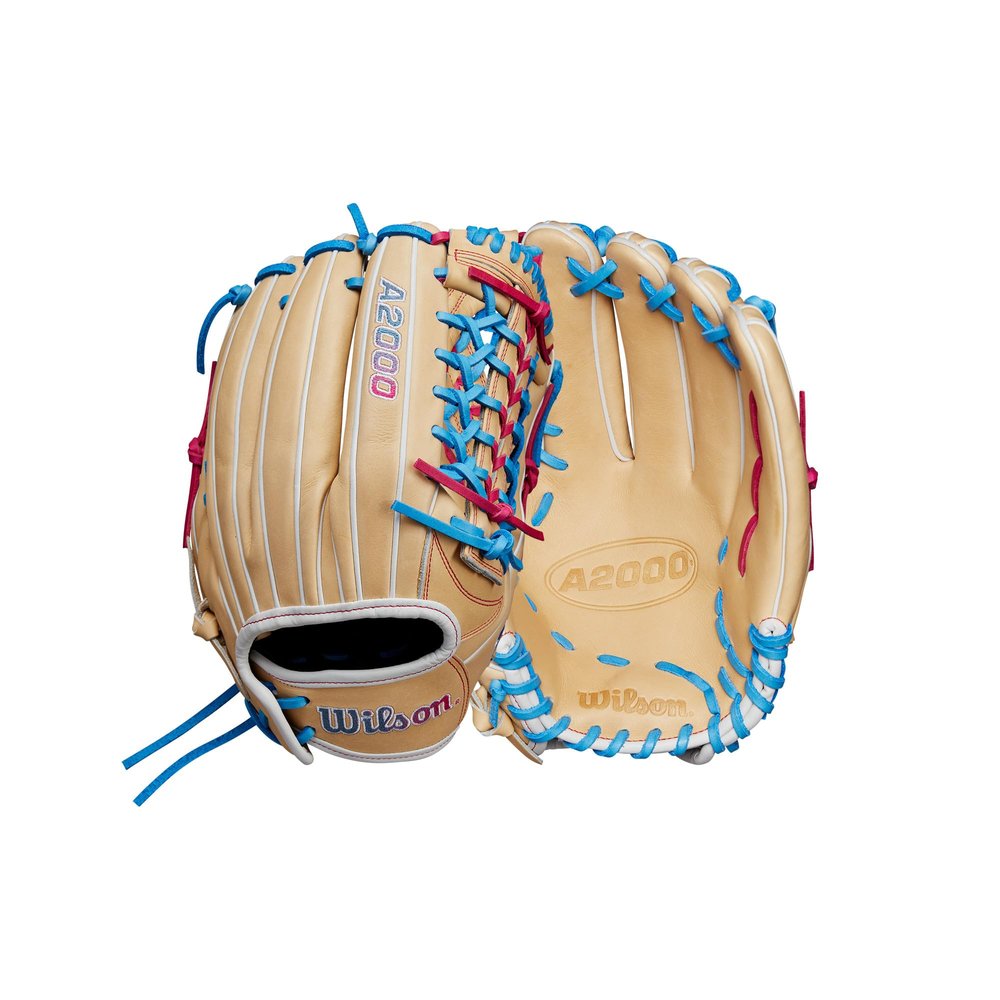 Wilson Winter 2024 A2000 T125 12.5" Outfield Fastpitch Glove - Blonde/Blue/Flamingo, Left Hand Throw