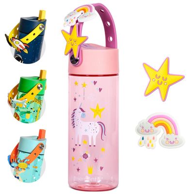 Elemental Water Bottles for Kids - Splash Kids Water Bottle for School with Fun Charm Handle - BPA Free Tritan Plastic Bottle with Straw Leak Proof When Spout is Closed - 18oz - Unicorn Dream