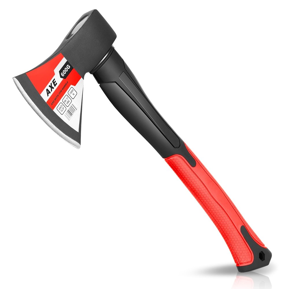 Auto Dynasty 15" Wood Axe, Red Wood Chopping Axe with Anti-Slip and Shock Reduction Handle, Wood Splitter Camping Outdoor Hatchet with Forged Steel Blade for Wood Splitting and Kindling