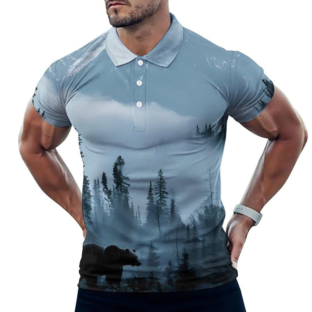 Misty Mountain Forests Animal Bear Mens Golf Shirt Print Polo Shirt Slim Fit Short Sleeve T Shirt Casual Athletic Tee 2XL
