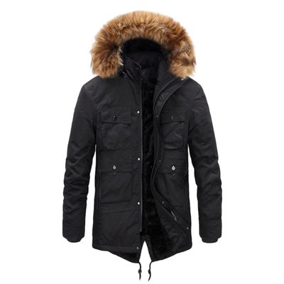 DGHM-JLMY 1/2 Pack Men's Warm Parka Jacket Mountain Windproof Hiking Hooded Snow Coat Multi Pockets Winter Warm Fur Hood (Black,Large)