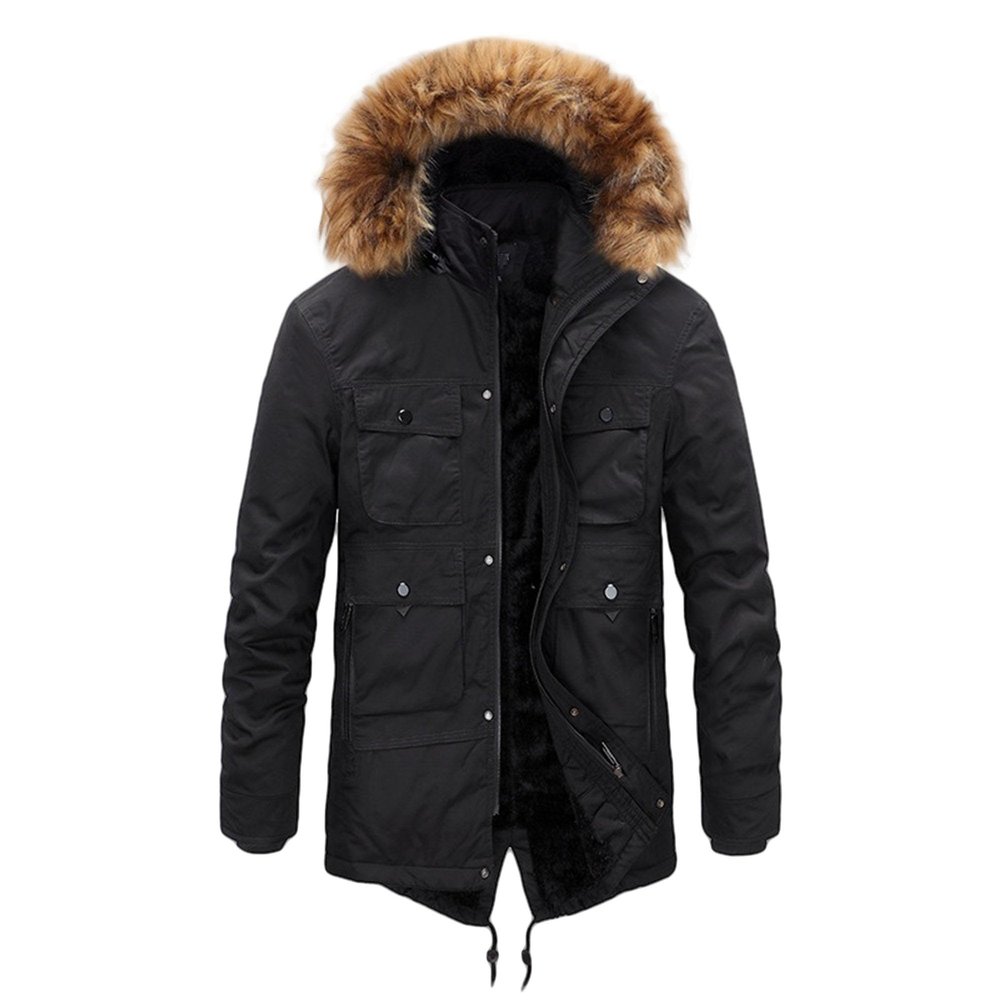 DGHM-JLMY 1/2 Pack Men's Warm Parka Jacket Mountain Windproof Hiking Hooded Snow Coat Multi Pockets Winter Warm Fur Hood (Black,Large)
