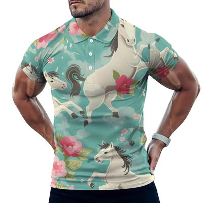 Aqua Green Horse Floral Mens Golf Shirt Print Polo Shirt Slim Fit Short Sleeve T Shirt Casual Athletic Tee 2XL