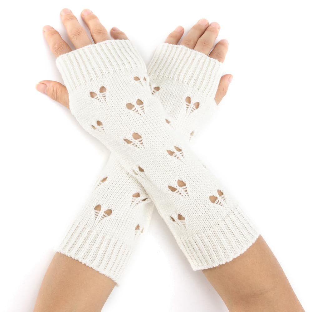 CABODYALS 2 Pairs White Grunge Gloves Ripped Knit Gloves Fairy Winter Soft Heart Arm Warmers Fingerless Knitting Crochet Hand Wrist Warmer Thumb Hole Mittens for Women Unisex Typing Driving Supplies