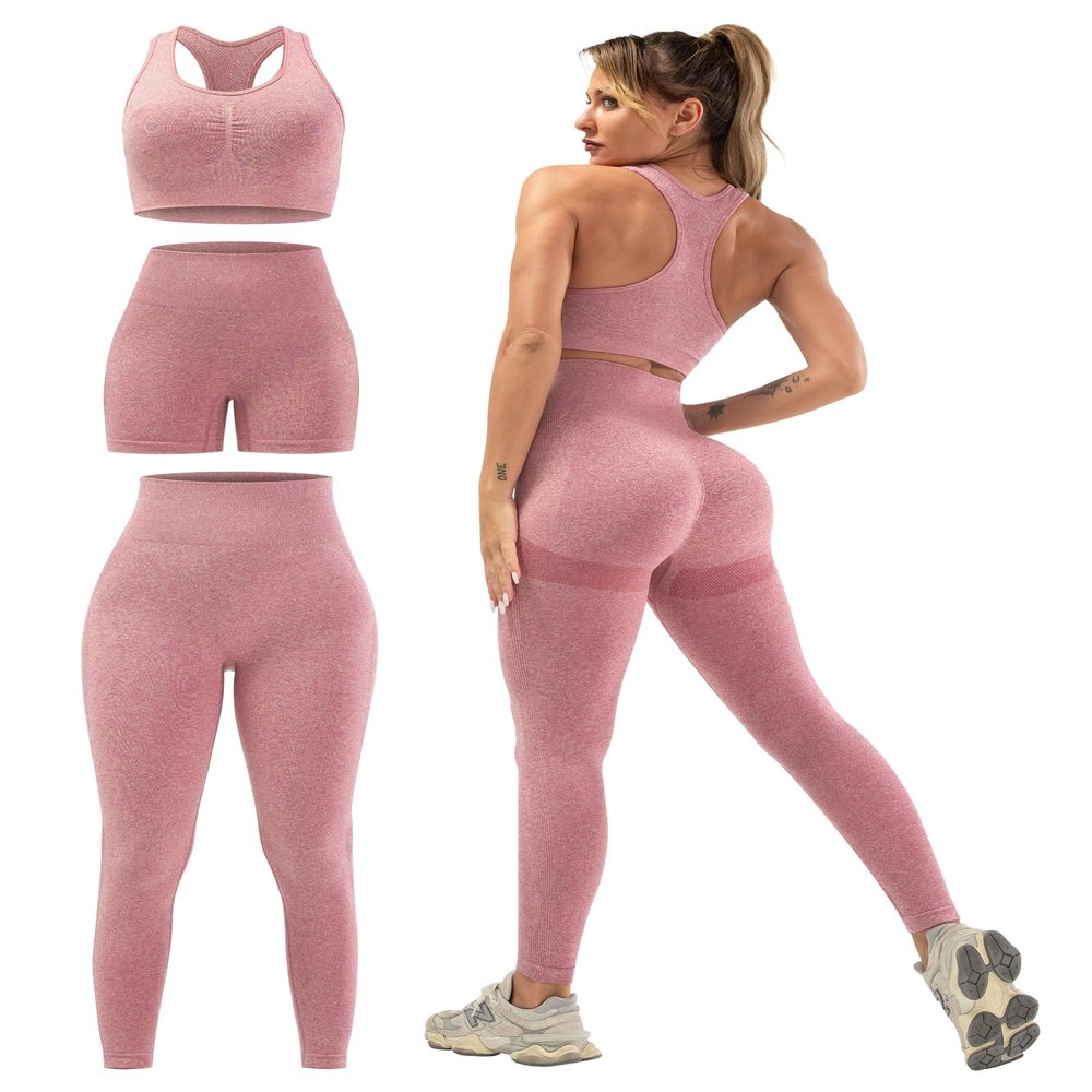 SALSPOR 3 Piece Workout Sets for Women Butt Lifting Leggings with High Impact Sports Bra Gym Shorts(3DWX-Pink-XL)