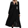 asntrgd Women's Fall 2024 Long Sleeve Dresses Casual V Neck High Waist Hem Slit Flowy A Line Pleated Midi Dress Black view 1