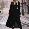 asntrgd Women's Fall 2024 Long Sleeve Dresses Casual V Neck High Waist Hem Slit Flowy A Line Pleated Midi Dress Black view 2