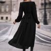 asntrgd Women's Fall 2024 Long Sleeve Dresses Casual V Neck High Waist Hem Slit Flowy A Line Pleated Midi Dress Black view 3