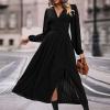 asntrgd Women's Fall 2024 Long Sleeve Dresses Casual V Neck High Waist Hem Slit Flowy A Line Pleated Midi Dress Black view 4