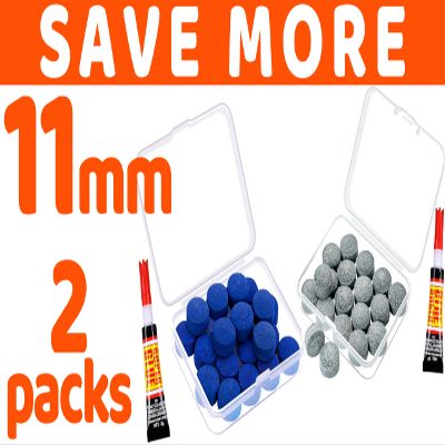 [2 Packs 11mm] Blue+Gray 50pcs Pool Stick Tips Replacement Repair Kit with Storage Box and Glue for Billiard Pool Table Cues Head and Snooker Stick Blue - SOLROS