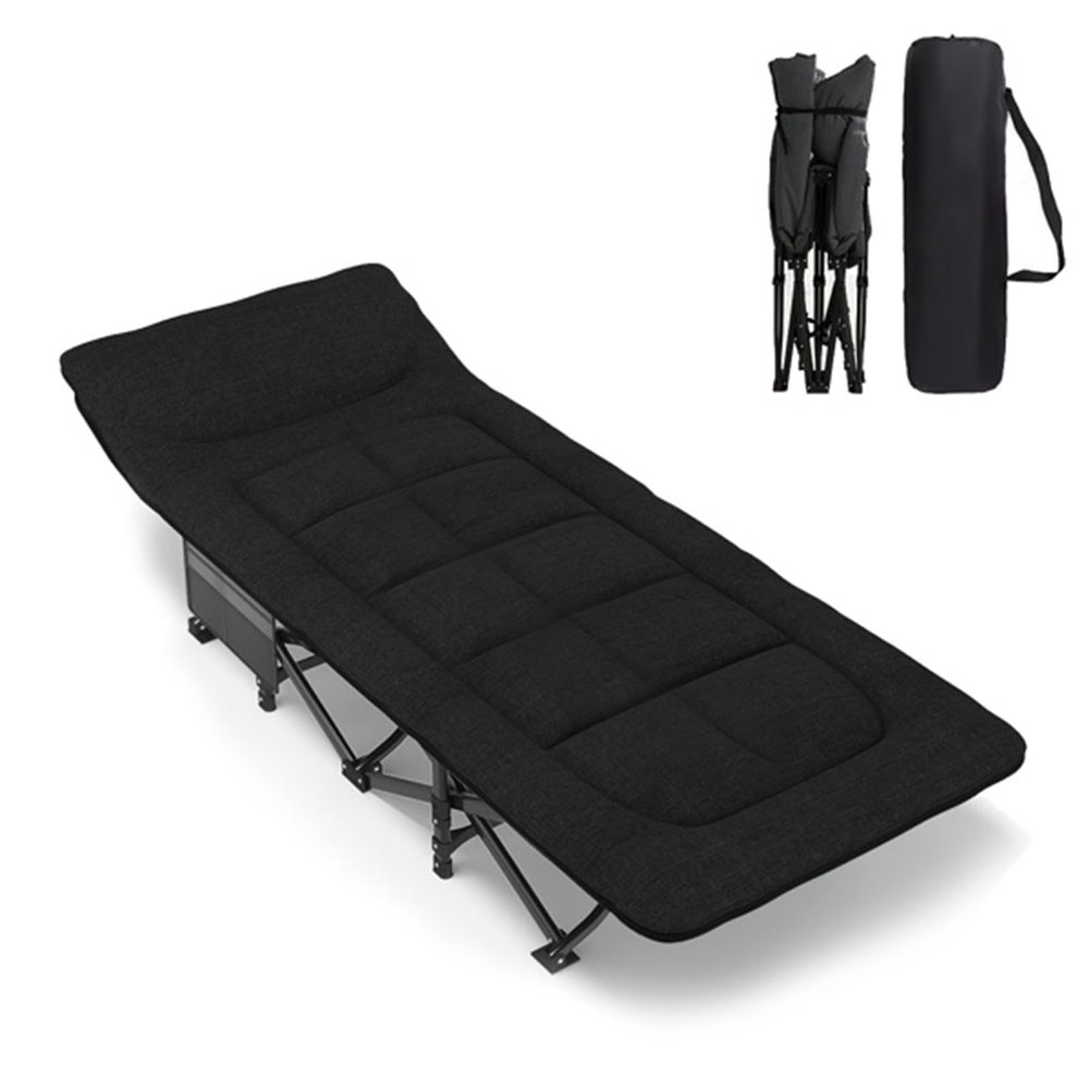 TIANTIANDIGITAL Outdoor Camping Bed with Cushion, Portable Folding Bed, Folding Deck Chair for Sleeping, Lightweight Tent Bed with Carrying Bag, Holds 330 Pounds, Black