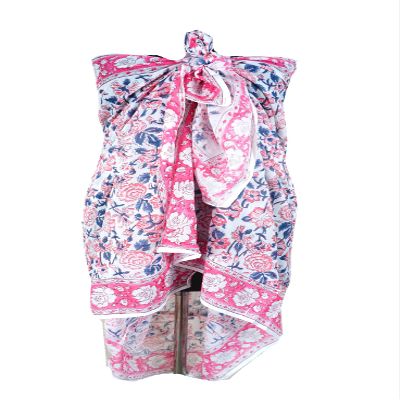 Hand block floral print cotton scarf beach sarongs soft voile summer pario (Blue&pink flower, 44x74)