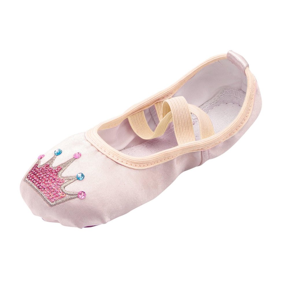 Girls Satin Ballet Shoes for Practice Ballet Slipper for Dancing Crown Soft Sole Elastic Laces Yoga Leather Flat (Rose Gold, 2.5 Big Kids)