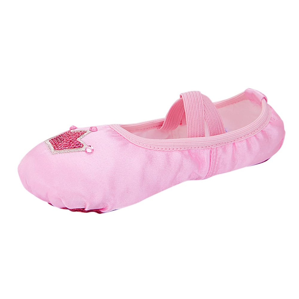 Ballet Shoes for Girls Satin Dance Practice Slippers Split Soft Leather Flat Sole Crown Yoga Gymnastics Shoes (Pink, 1.5 Big Kids)