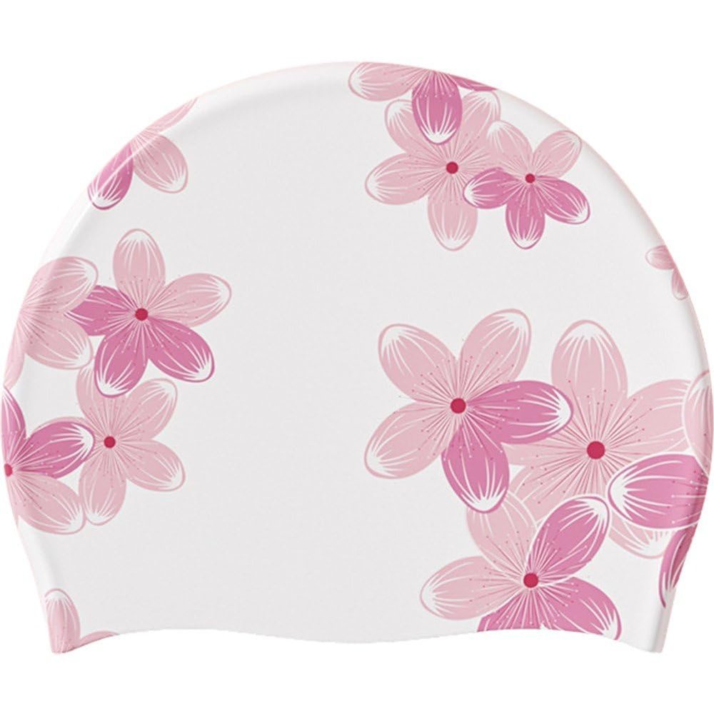 Vobumix Women's Silicone Swimming Cap Waterproof Swimming Hat Non-Slip Bathing Cap Cherry Blossoms Printed Cap Elastic Swimming Cap