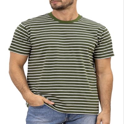 Funny World Striped Shirt Men Cotton Short Sleeve Green and White Striped T Shirts Casual Basic Tee, Green & White, Large