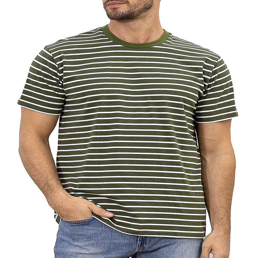 Funny World Striped Shirt Men Cotton Short Sleeve Green and White Striped T Shirts Casual Basic Tee, Green & White, Large