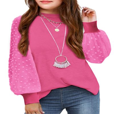 Arshiner Girls Puff Long Sleeve Sweaters Crewneck Lace Polka Dot Casual Knit Tops Peach Pink for 13-14 Years