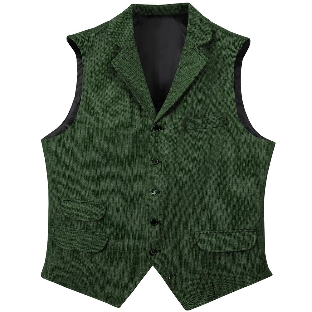 Garqia Clyon Men's Herringbone Wool Suit Vests Slim Fit Waistcoat Notch Lapel Vintage Casual Vest Green,L