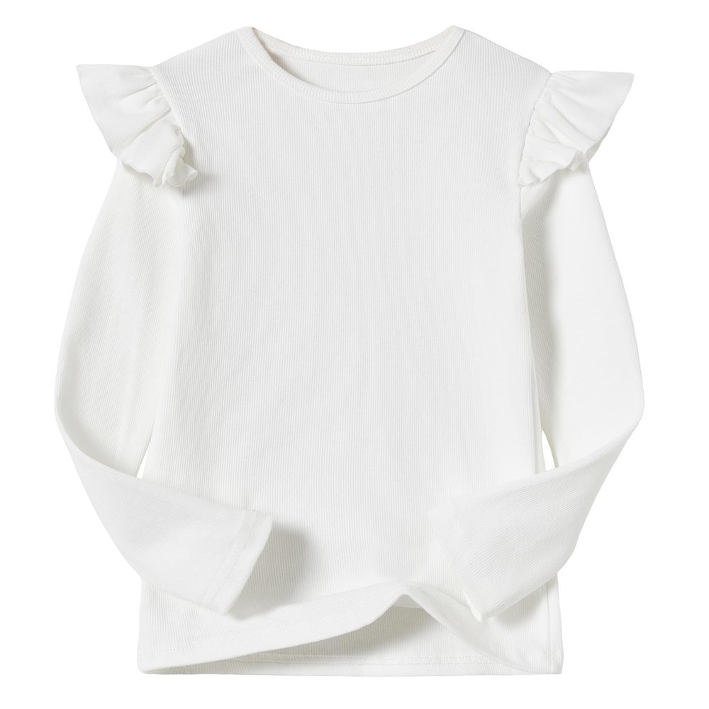 Beganly Girls Long Sleeve T-Shirt Cotton Rib-Knit Tees Toddler Stretch Basic Warm Round Neck Tops with Ruffle White 150