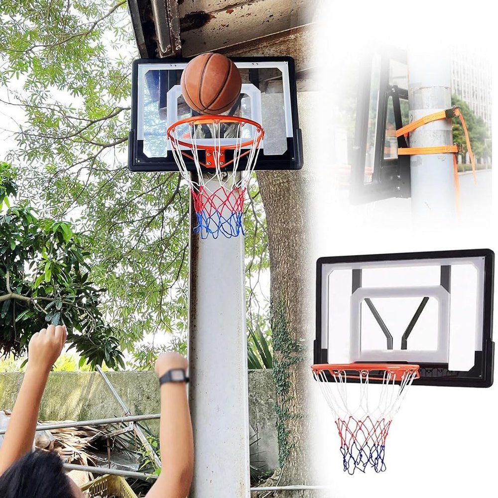 GFLCWYP PVC Basketball Backboard and Rim, 80X58 cm Suspended Basketball Hoop & Goals with Strap/Hooks, Mounts to Round, Vertical Poles, Fences, Trees